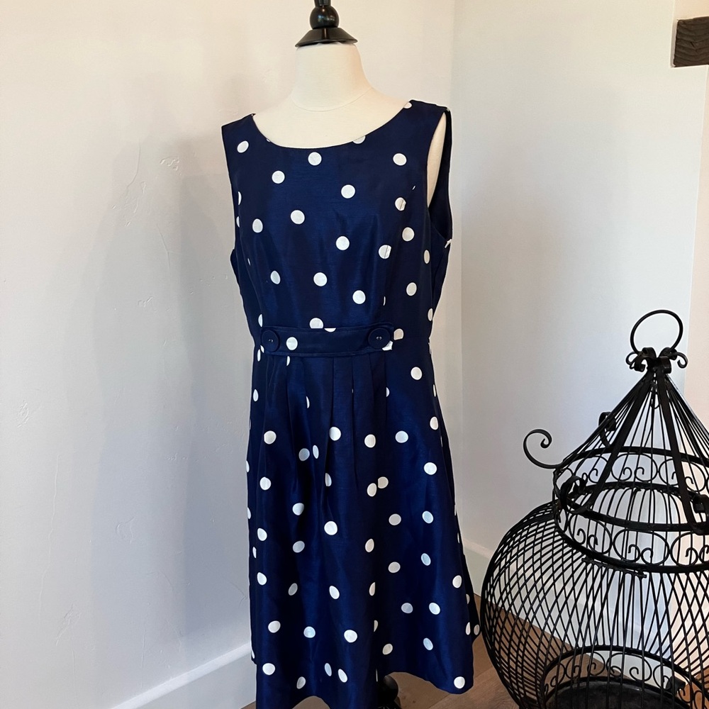 Vintage Robbie Bee Blue and White Sleeveless Midi polka dot dress rockabilly